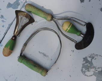 Vintage Wooden Serving Kitchen Gadgets 1940 Green Gadget Collection Set of Four Gadgets
