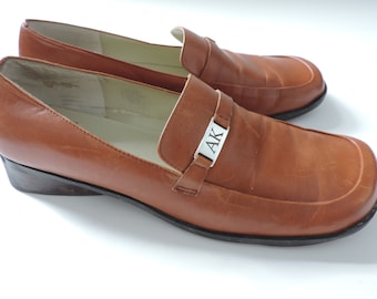 90's Anne Klein Loafers Carmel Silver AK Buckles Chunky Heel Classy Leather Size 7 M