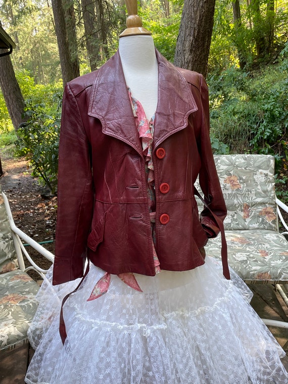 70's Leather Jacket Fitted at waist Burgundy Genu… - image 2
