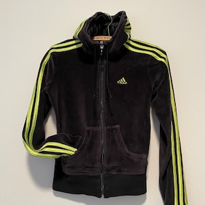 Y2K Adidas Hoodie BlackVelour Lime Neon Stripe and Logo Jacket size S