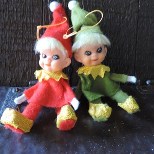 Vintage 70s Pixie Elf Ornaments: Red & Green Characters (Set of 2)