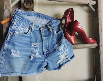 80's Wrangler Denim Shorts High Waisted Distressed 30" waist