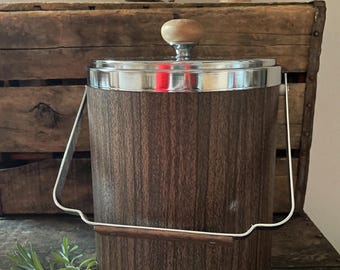 Vintage Kromex Ice Bucket, Faux Wood Grain, Silver Trim, Barware with Tongs