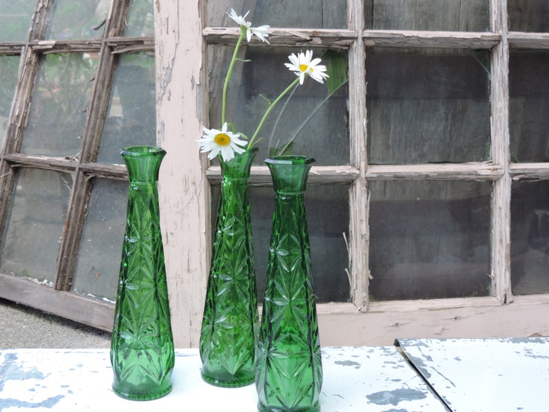 Vintage Green Bud Vases Set of Three Emerald Green Bud Vases Etsy