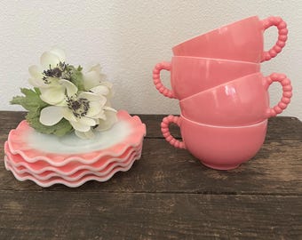 50's Hazel Atlas Pink Crinoline Set of 4 Cups Saucers