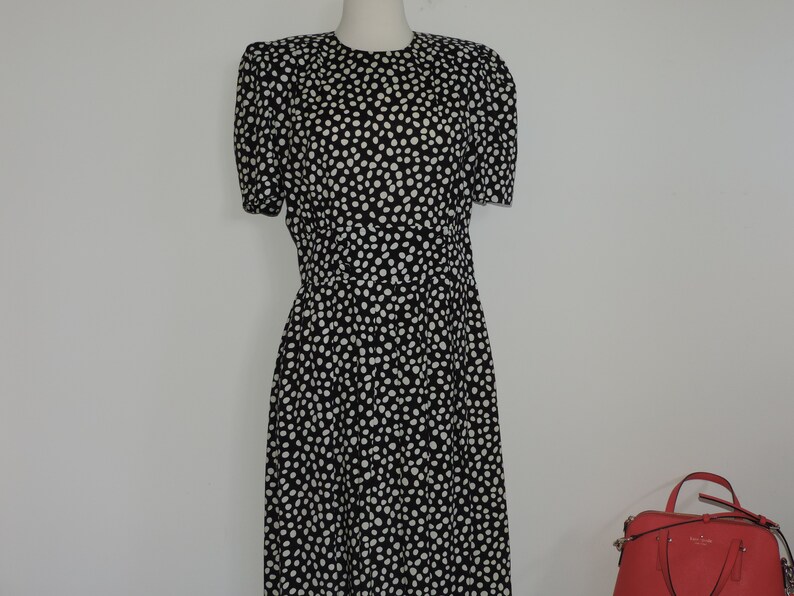 80/'s Rayon Dress Black and White Polka Dot Adrian Lee Karin Scott petite size 14