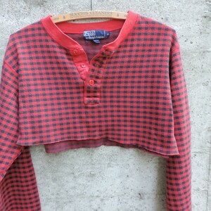 80&#39;s Ralph Lauren Gingham Henley Crop Top Upcycled  Polo T Shirt size M