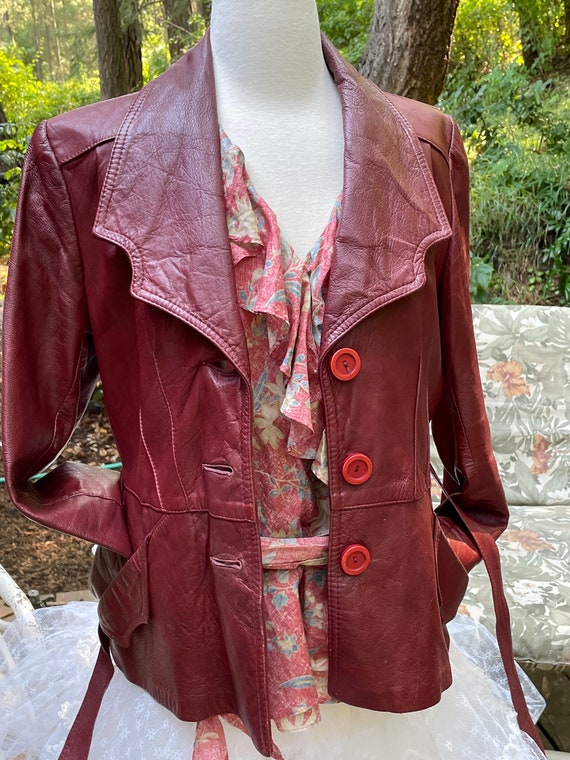 70's Leather Jacket Fitted at waist Burgundy Genu… - image 1