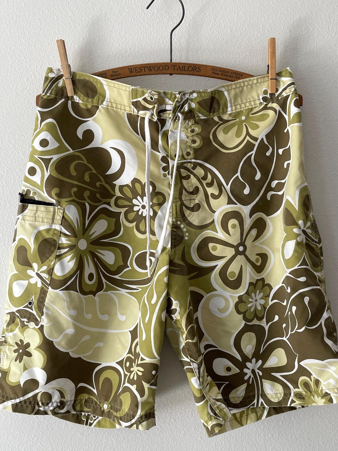 Vintage Board Shorts Hawaiian Island Creations Butter Yellow & Green