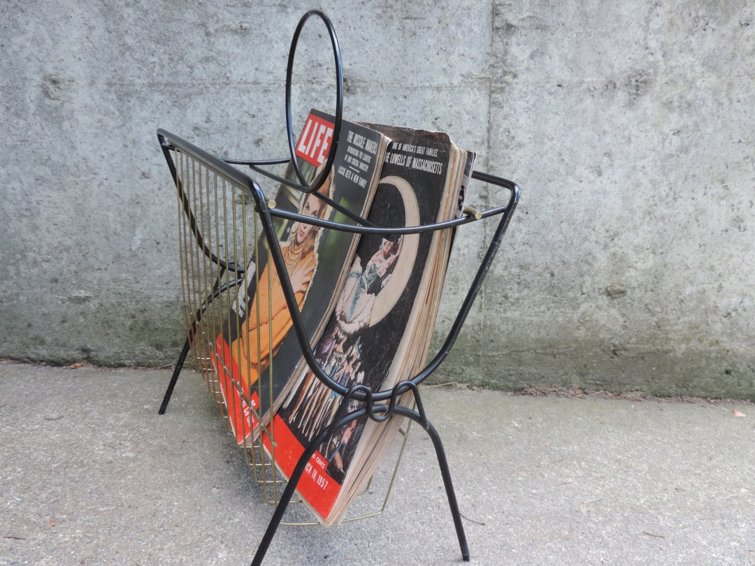 MCM Magazine Rack Metal Vinyl Record Holder Black Metal Gold Tone ...