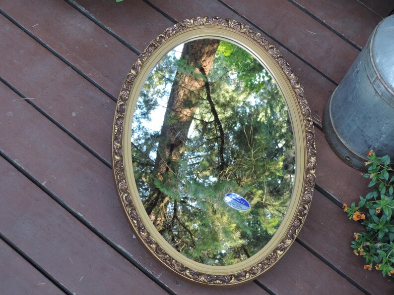 Vintage Vanity Cabinet Mirror Oval Gold Wall Bathroom Medicine Plate Glass Two Shelves