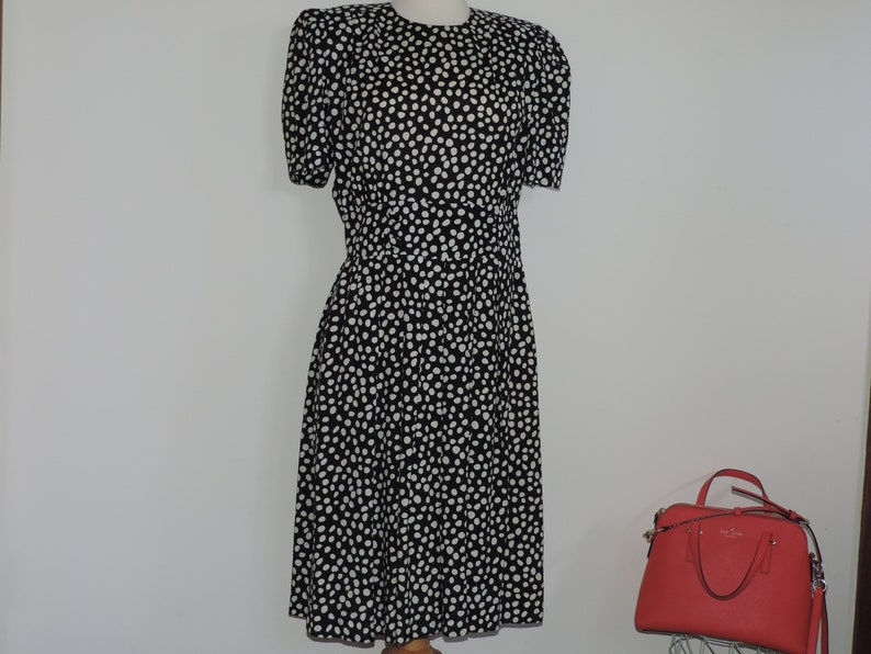 80/'s Rayon Dress Black and White Polka Dot Adrian Lee Karin Scott petite size 14