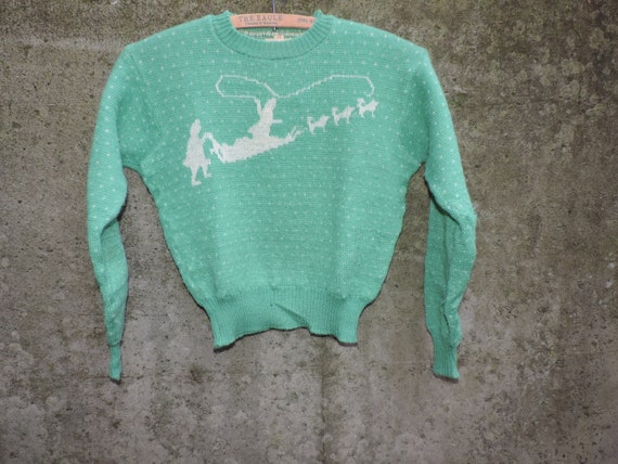 40's JANTZEN Wool Sweater Rare Green Dog Sled Patt