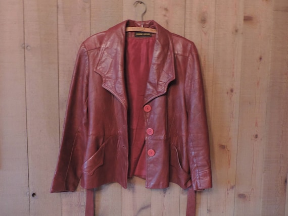 70's Leather Jacket Fitted at waist Burgundy Genu… - image 4