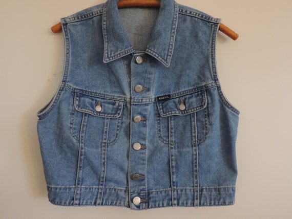 Vintage Denim Jean Vest GUESS Distressed Denim Ve… - image 1