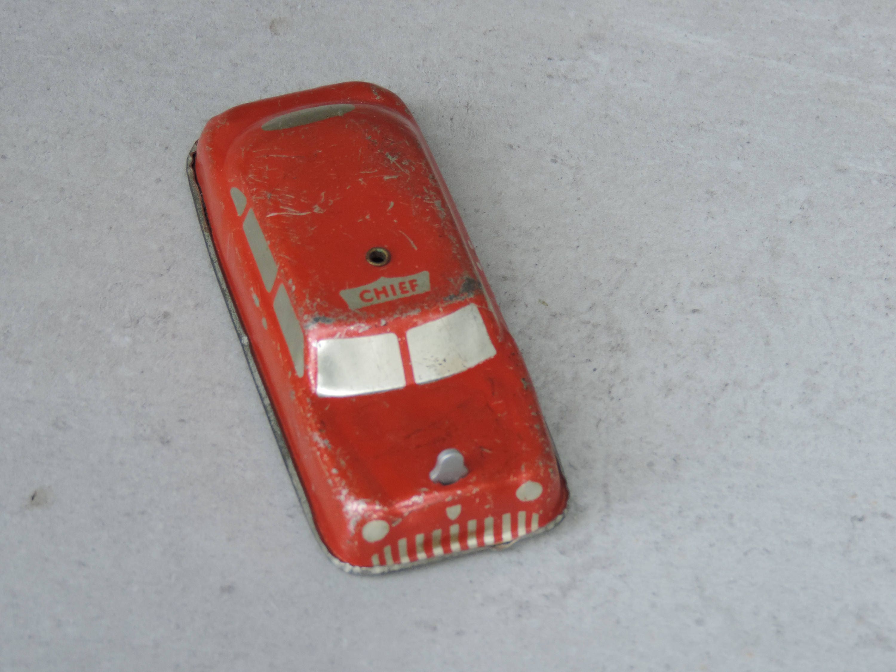 Vintage Argo Tin Litho Car Red Fire Chief Cruiser 1940s Toy Litho Car Silver Detailing features Bell and Rubber Wheels