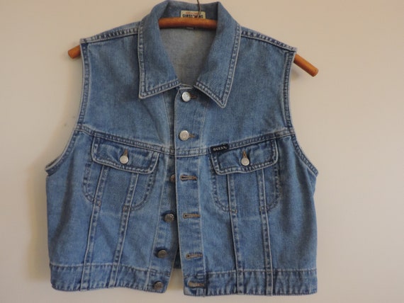 Vintage Denim Jean Vest GUESS Distressed Denim Ve… - image 6