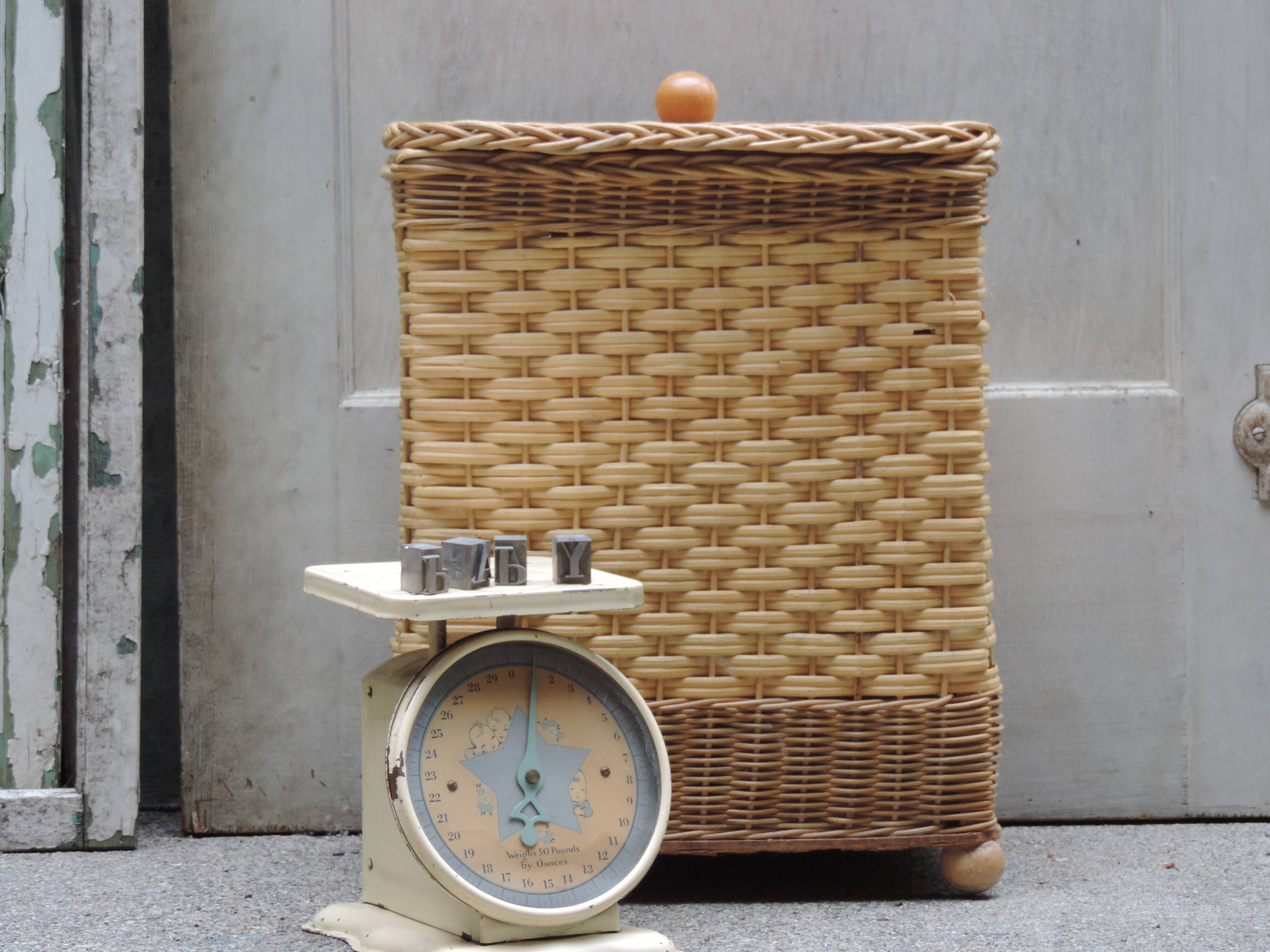 70's Vintage Nursery Hamper Wicker Laundry Bin Storage and