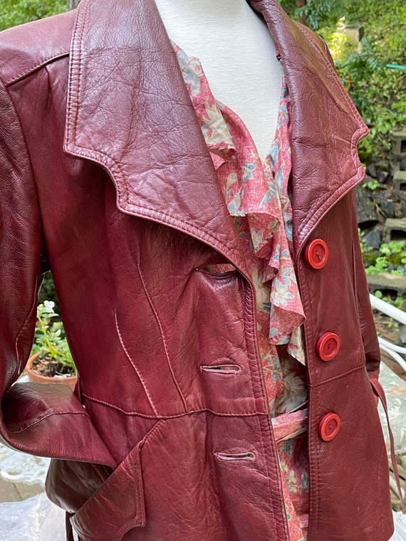 70's Leather Jacket Fitted at waist Burgundy Genu… - image 3