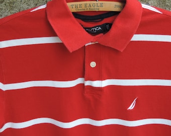 90's NAUTICA RED POLO Rugby Shirt Red White Striped Nautica Logo 100% Cotton Sportswear size S