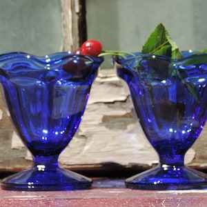 Vintage Sherbet Cobalt Blue Ice Cream Sundae Dish Anchor Hocking Set of Two Parfait Pudding Cups