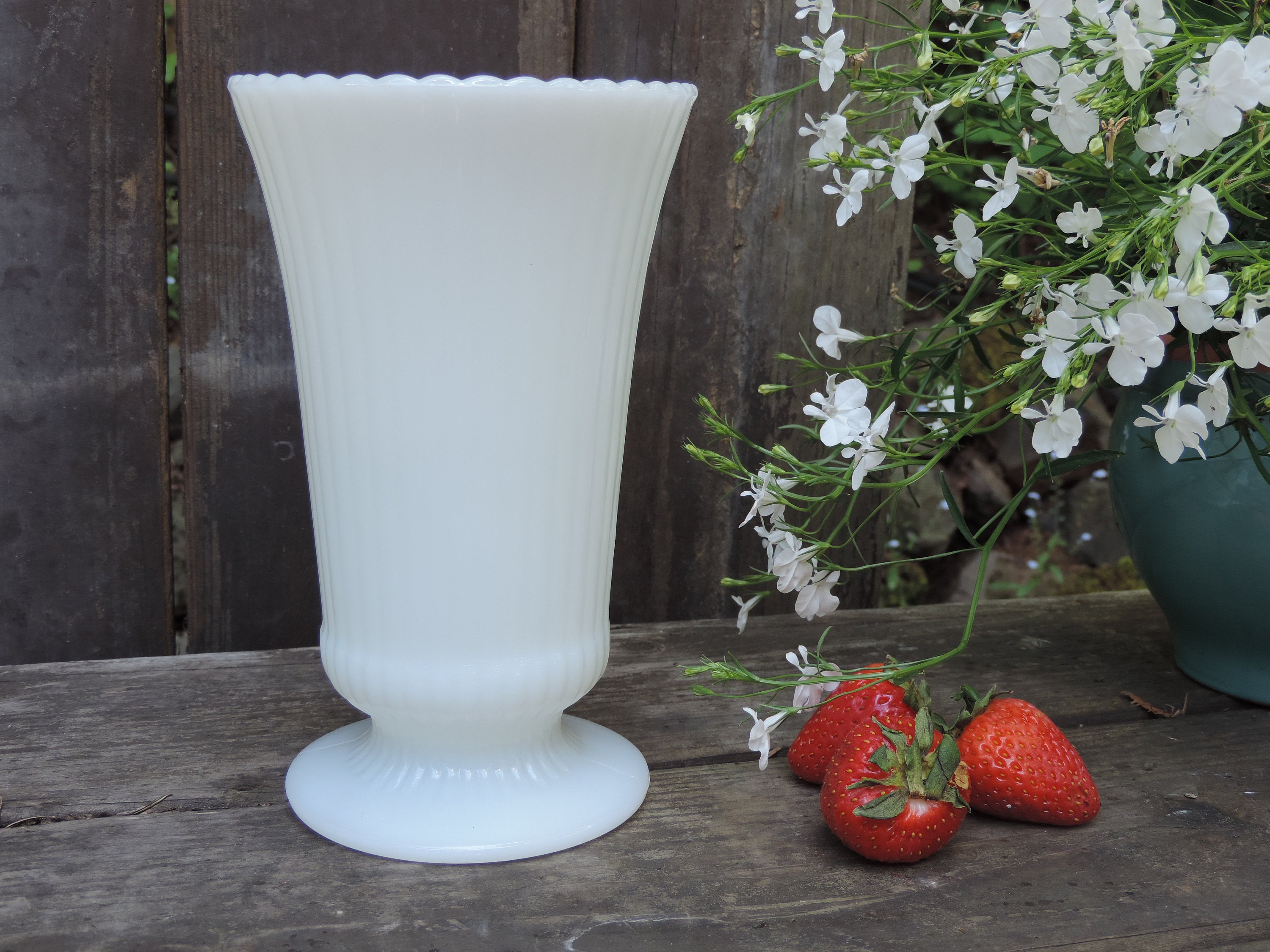 Large White Milk Glass Vase EO Brody Ribbed Ruffled Glass 7 Etsy