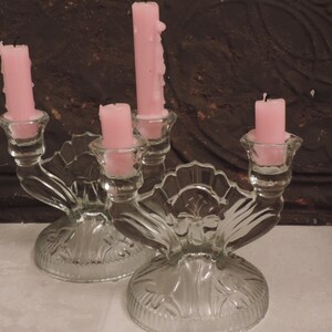 JEANNETTE GLASS IRIS  Crystal Candle Holders 30&#39;s Pair of Iris  Candleholders