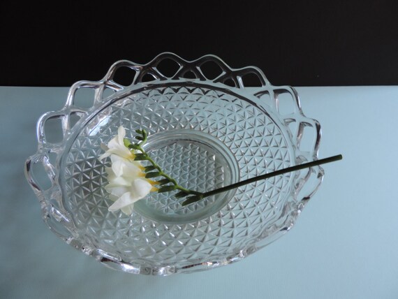 Imperial Glass Bowl Crocheted Crystal Belmont Diamond Open Lace 1940s Vintage Serving Bowl 10" Depression Glass