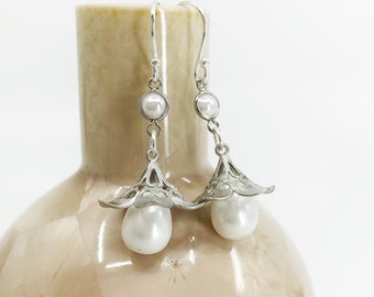 Chinese Trumpet Flower Earrings Silver with Pearl Drop | Yun Boutique