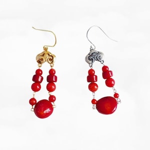 Red Coral Earrings, Tribal Earrings, Ethnic Earrings, Vintage Earrings, Asian Earrings, Chinese Earrings, Sterling Silver Earrings