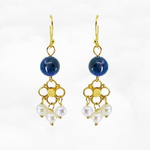 Handmade Vintage Chandelier Earrings in Sterling Silver with Lapis Lazuli and Pearl | Yun Boutique