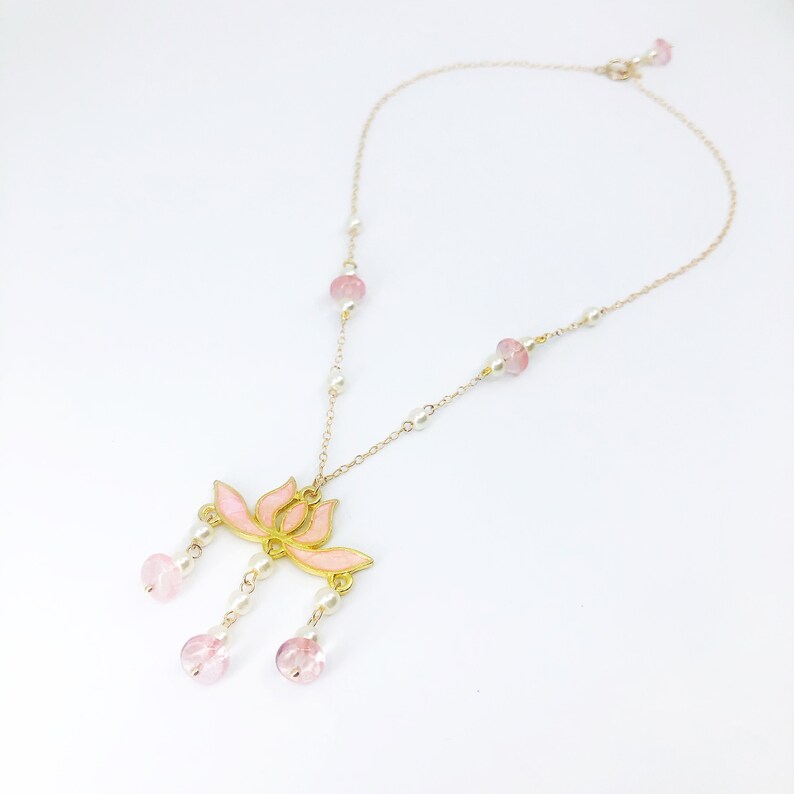 Chinese Gold Enamel Lotus Tassel Necklace in Gold Filled with Strawberry Quartz Yun Boutique Asian Vintage Jewelry