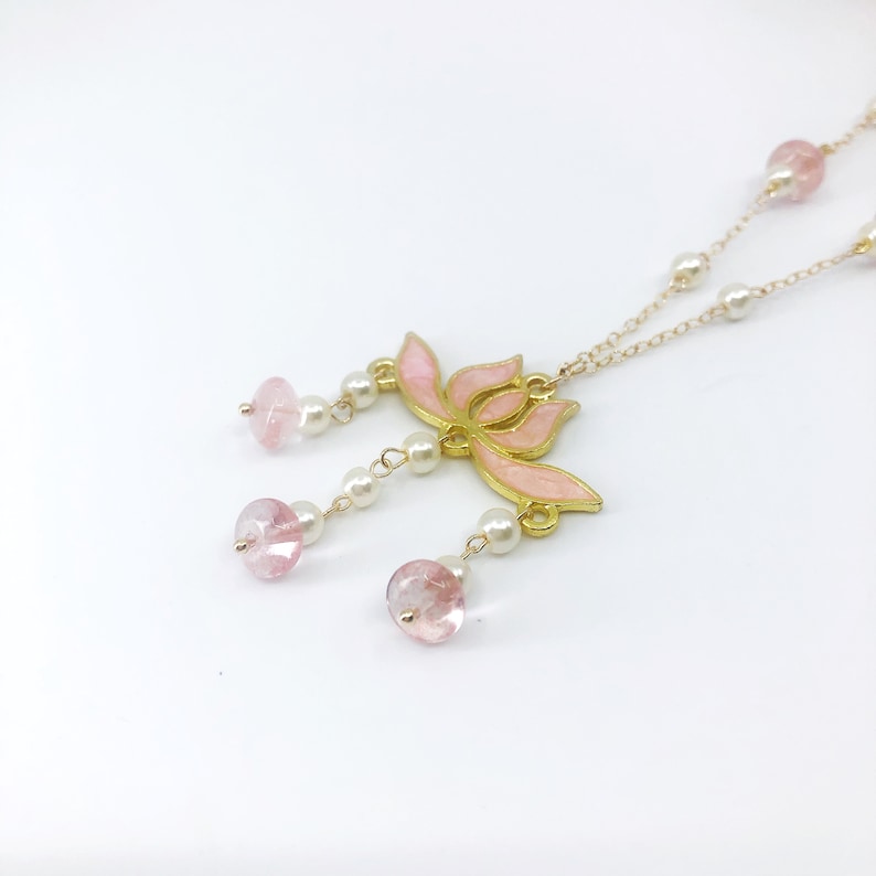 Chinese Gold Enamel Lotus Tassel Necklace in Gold Filled with Strawberry Quartz Yun Boutique Asian Vintage Jewelry