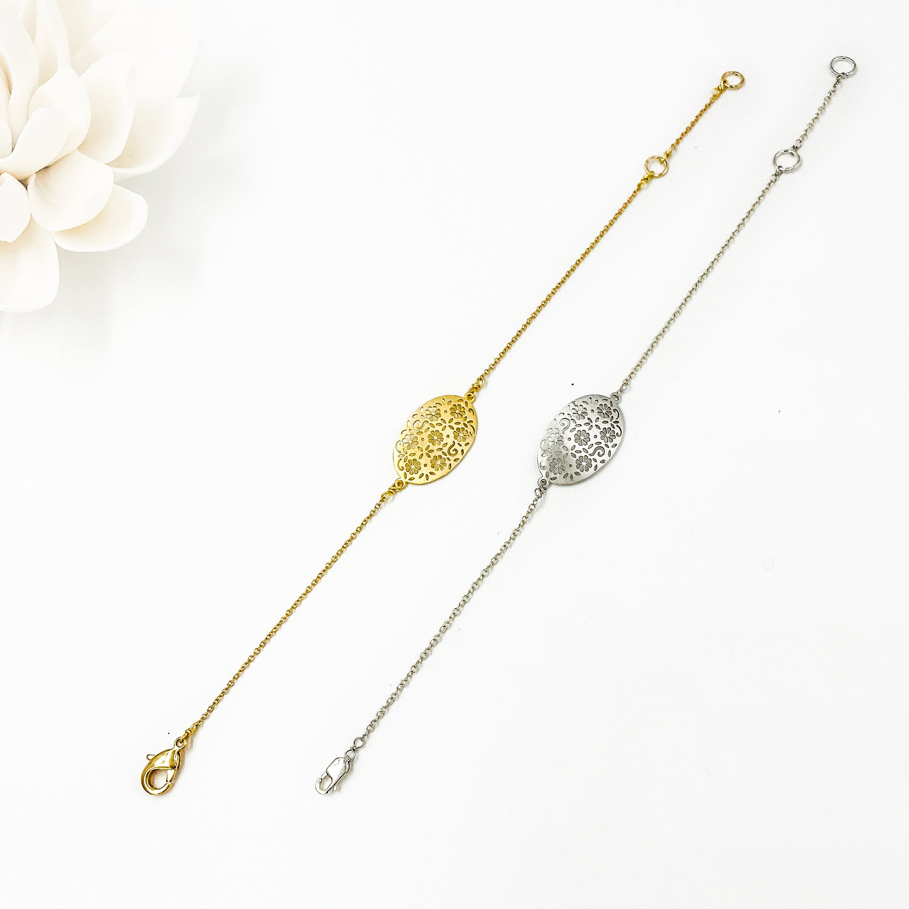 Handmade Flower Chain Bracelet, Gold Flower Bracelet, Silver