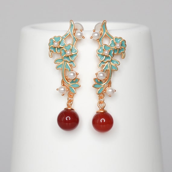 Asian Style Red Jade Stone Earrings With Enamel Flower Post Yun