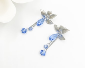 Orchid Flower Stud Earrings Silver With Swarovski Crystal Tassel | Yun Boutique
