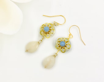 Chinese Vintage White Jade Earrings Gold, Handmade Flower Earrings, Drop Earrings, Dangle Earrings, Asian Earrings | Yun Boutique