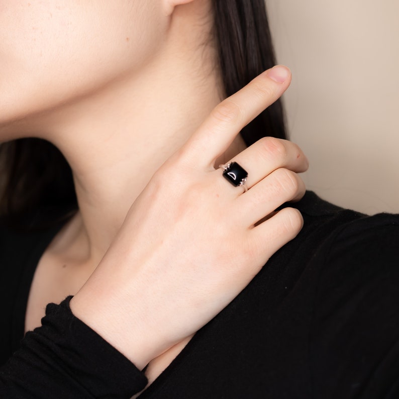 Adjustable Obsidian Ring in Sterling Silver Asian Vintage Style Jewelry Square Gemstone Ring Chinese Auspicious Ring Yun Boutique