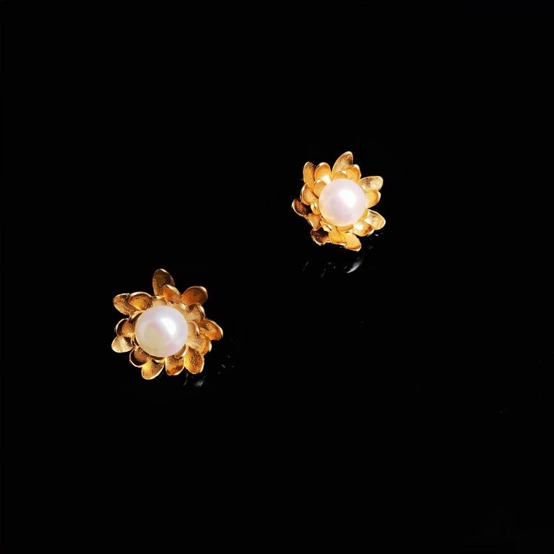 Lotus Flower Stud Earrings Gold, Pearl Stud Earrings with Sterling Silver Post Yun Boutique image 3