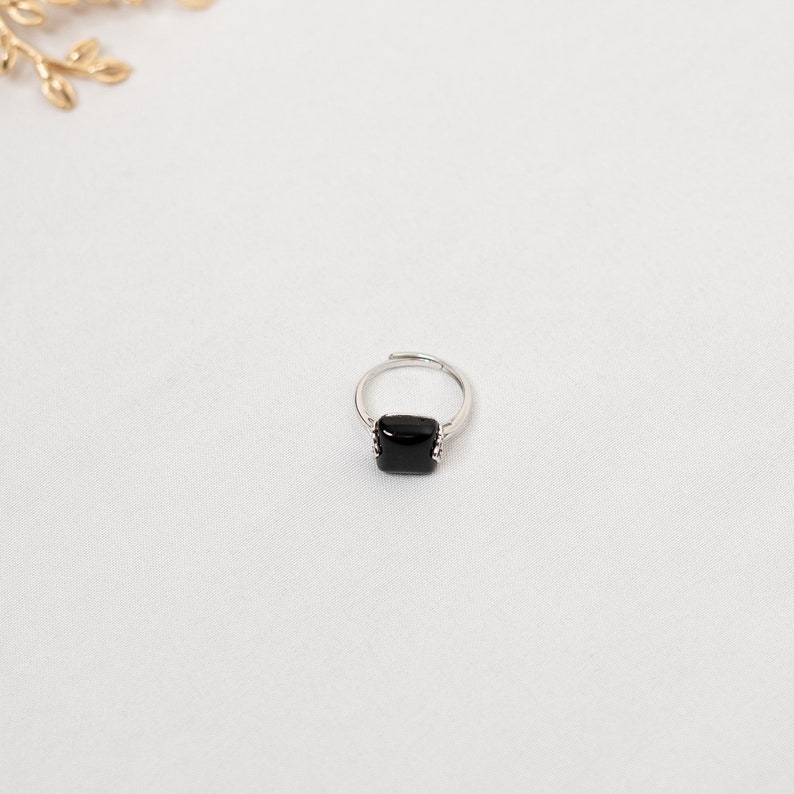 Adjustable Obsidian Ring in Sterling Silver Asian Vintage Style Jewelry Square Gemstone Ring Chinese Auspicious Ring Yun Boutique
