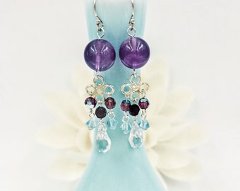 Vintage Gemstone Chandelier Earrings in Sterling Silver with Amethyst and Swarovski Crystal Tassel | Yun Boutique