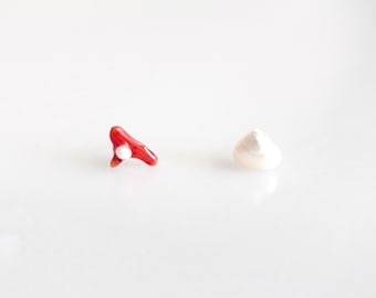 Asymmetrical Red Coral Pearl Stud Earrings: Ocean Gemstone Jewelry
