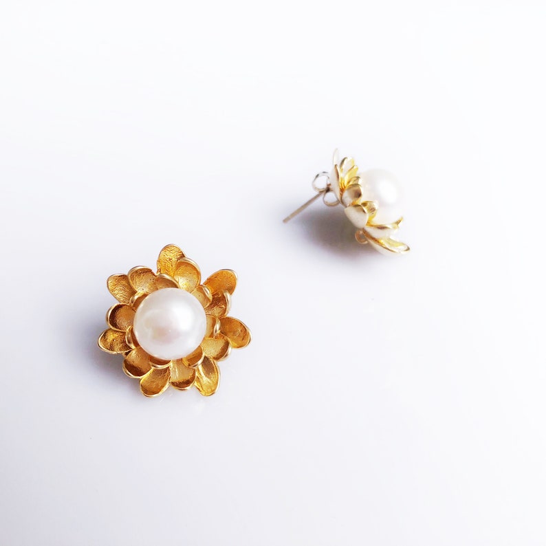 Lotus Flower Stud Earrings Gold, Pearl Stud Earrings with Sterling Silver Post Yun Boutique image 2