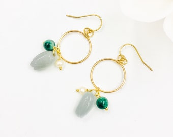Chinese Vintage Jade Flower Hoop Earrings in 14K Gold Filled | Yun Boutique