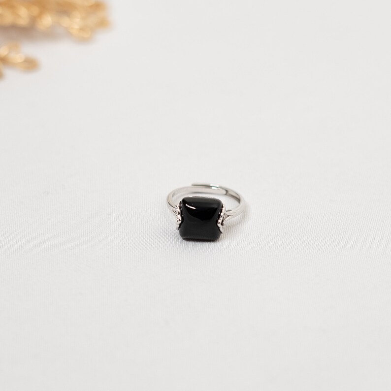 Adjustable Obsidian Ring in Sterling Silver Asian Vintage Style Jewelry Square Gemstone Ring Chinese Auspicious Ring Yun Boutique