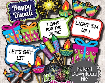 Diwali Party Photo Booth Props  - Set of 14 - Diwali Celebrations, Indian Party Signs, Instant Download, Printable, Print your own, DIY