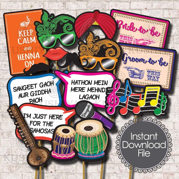 Sangeet / Mehndi Night Photo Props  - Set of 16 - Indian Wedding, Party Signs, Desi, Instant Download, Printable, Print your own, DIY.