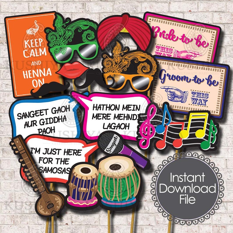 Sangeet / Mehndi Night Photo Props Set of 16 Indian Wedding, Party Signs, Desi, Instant Download, Printable, Print your own, DIY. image 1