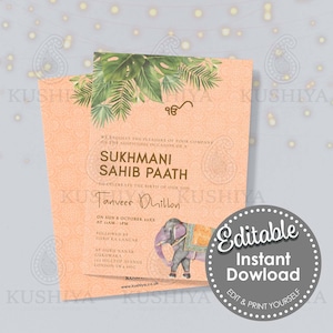 Indian Elephant Printable Invitation - Religious Event, Sukhmani Sahib, Akhand Paath, Puja, Satsang, Template, Edit & Print Yourself. [HTS1]
