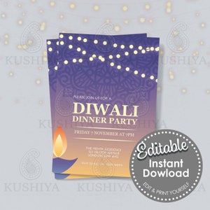 Diwali Dinner Party Invitation - Blue Diya, Editable, Digital File, Instant Download, Printable Invite, Edit Yourself, Print Your Own, DIY